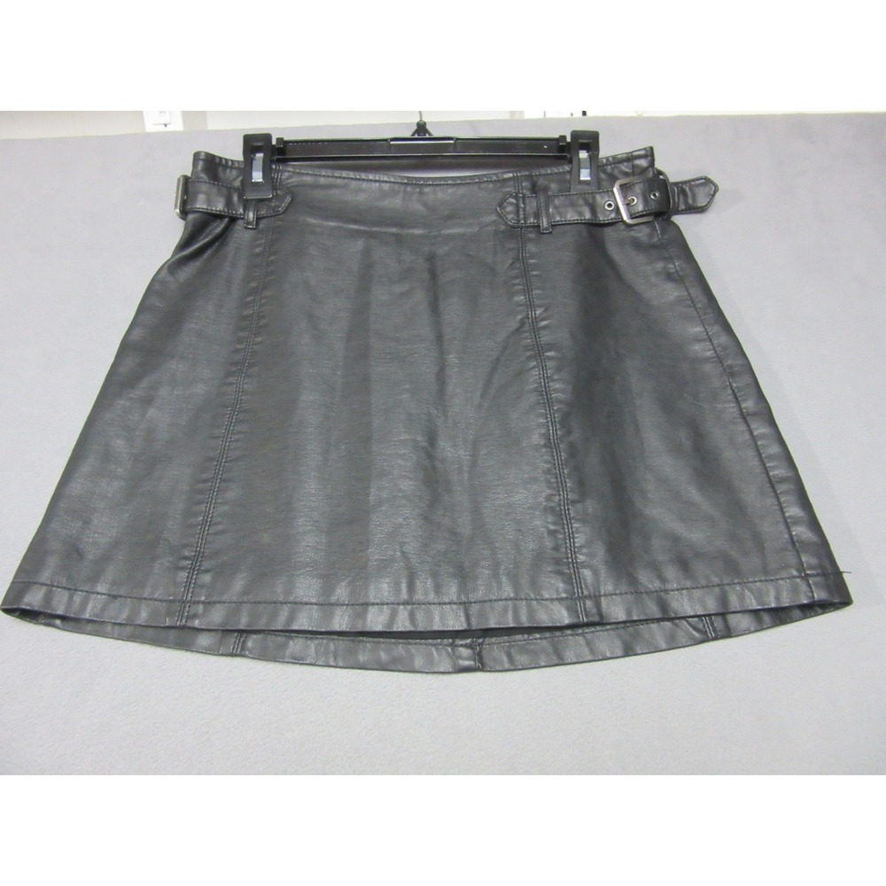 Free People Mini Skirt Women 8 Black Faux Leather Belted Buckles A-Line